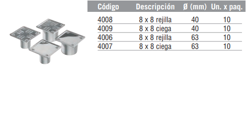 Portarrejilla 8 x 8 con salida 40 o 63 con rejilla o Tapa ciega Acero Inoxidable